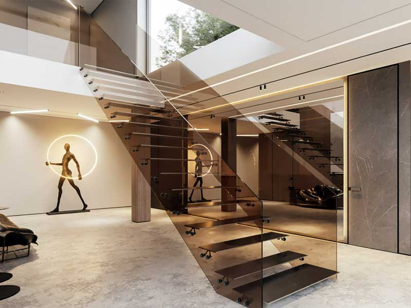 Cầu thang kính màu trà vẻ đẹp thanh lịch